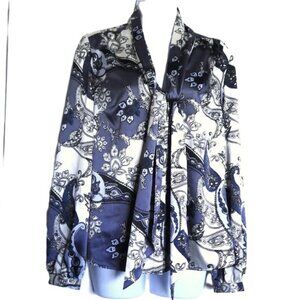 NEW Ann Taylor Paisley Floral Top Blouse W/ Tie Blue White & Black Flowy NWOT 6